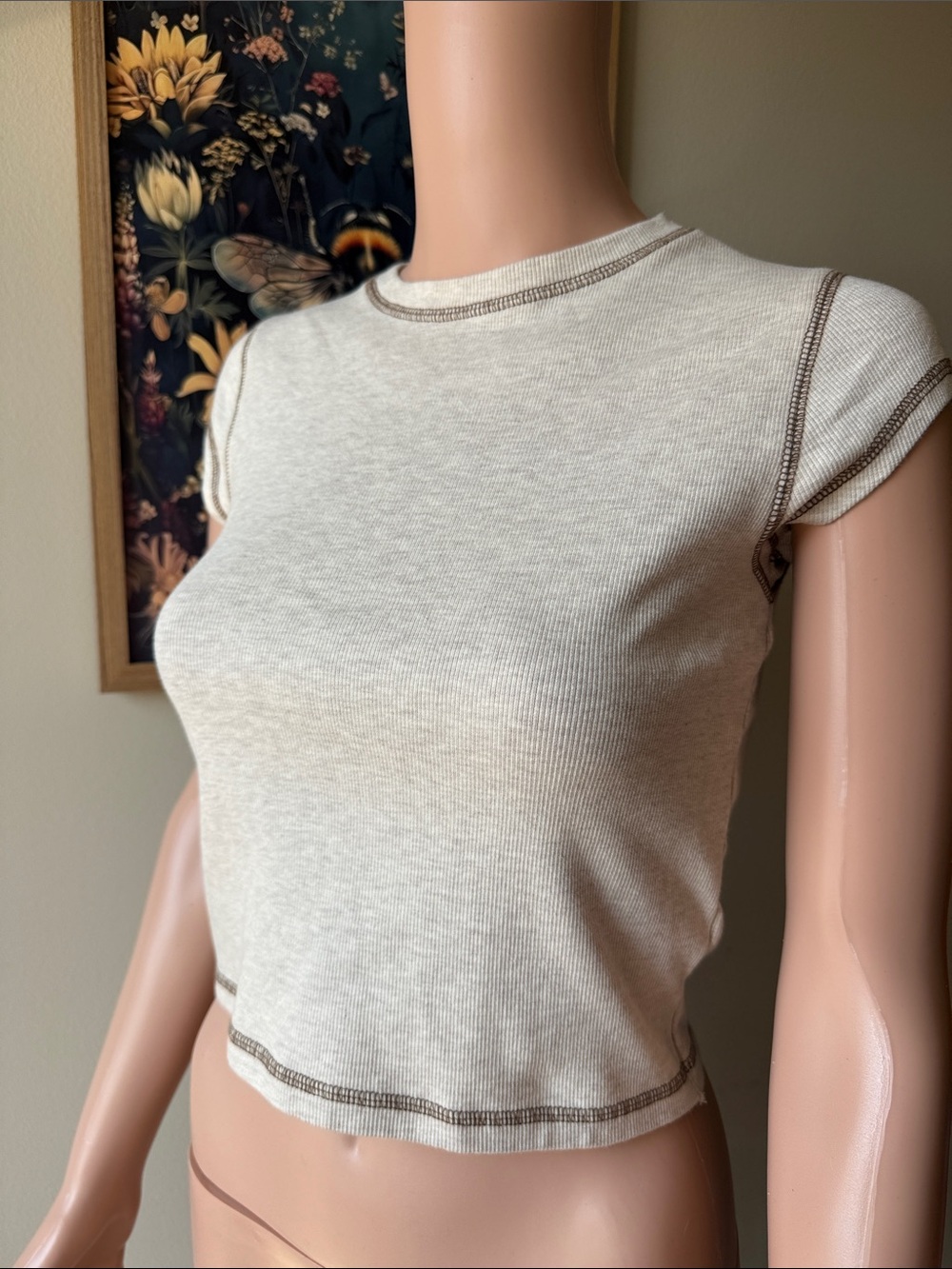 Cream Ribbed Short Sleeve Tee with Contrast Stitching